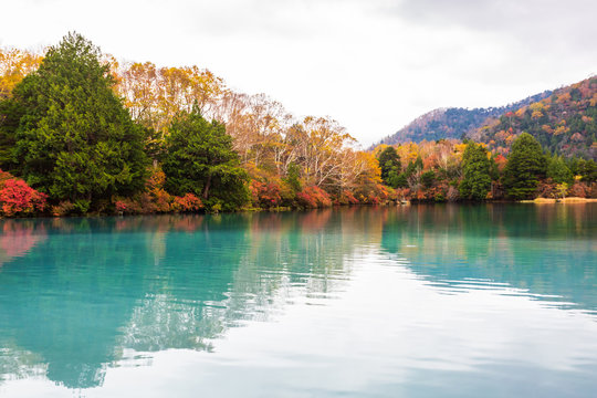 View of Yunoko lake in autumn season at Nikko national park, Nikko, Japan.