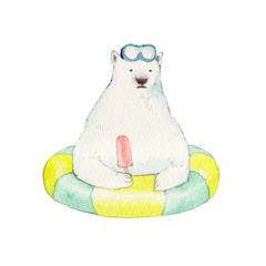 夏 シロクマ 浮き輪 水彩 イラスト
