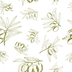 seamless pattern olives, sketch, hand-drawn olive fruits and branches - 267898180