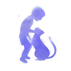 Pet care. A Boy playing with cat  silhouette on watercolor background. The concept of trust, friendship . Digital art painting.