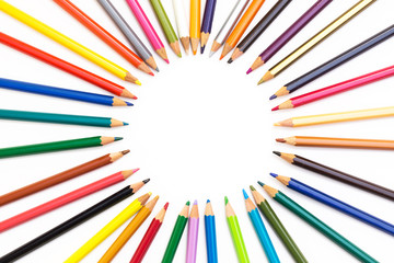 Colour pencils isolated on white background. Back to school concept Wood texture pencil with sharpening shavings on white background pencil on table, the blogger instrument. copyspace, space for text.