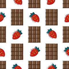 Seamless pattern with chocolate and strawberries in flat linear style.