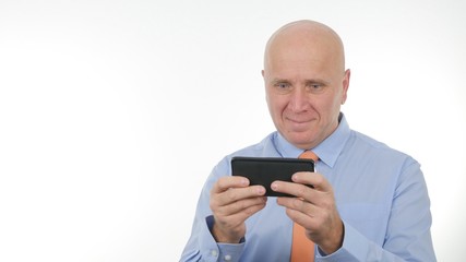 Happy Businessman Image Reading Financial Good News on Mobile