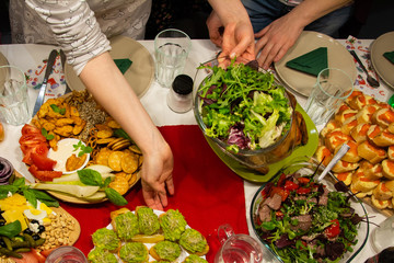 Several festive dishes at New Year's Eve dinner.