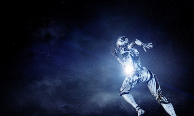 Fototapeta premium Cyborg silver running woman. Mixed media