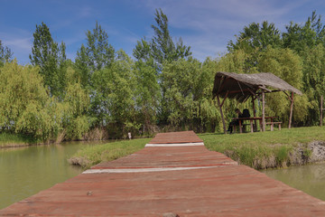 Fototapeta premium Small park at the lake with small wooden bridge