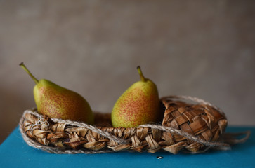 green pears with red barrels