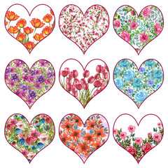 Fototapeta na wymiar Set of watercolor floral hearts sticker template design elements seamless valentine pattern with hearts