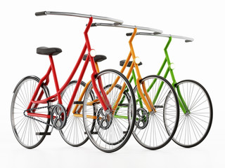 Fototapeta na wymiar Red, yellow and green bicycles isolated on white background. 3D illustration