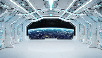 White blue spaceship futuristic interior with window view on planet Earth 3d rendering © sdecoret