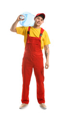 Asian delivery courier with bottle of water on white background