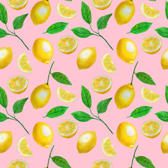Lemons Watercolor Fruits Citrus Pattern Digital paper seamless illustration set of summer botanical decorations greeting card design