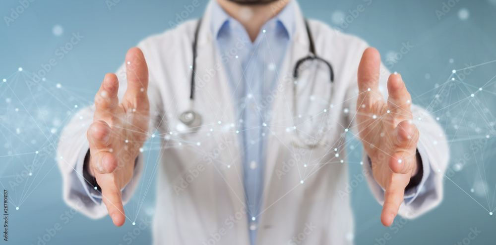 Fototapete scientist using floating digital network connections with dots and lines 3d rendering