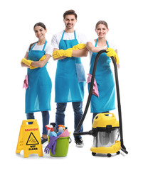 Team of janitors on white background