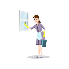 Cleaning woman with detergent bucket clean home window