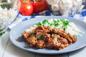 Beef Stroganoff served with rice