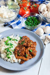 Beef Stroganoff served with rice