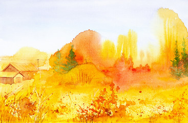 Bright rural landscape in the Russian village. Watercolor illustration of the Golden autumn