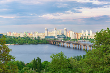 Fototapeta na wymiar Scenic panorama of the left bank of the Kyiv city.