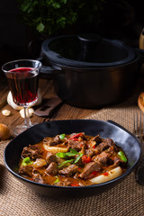 classic beef goulash with peppers and onions