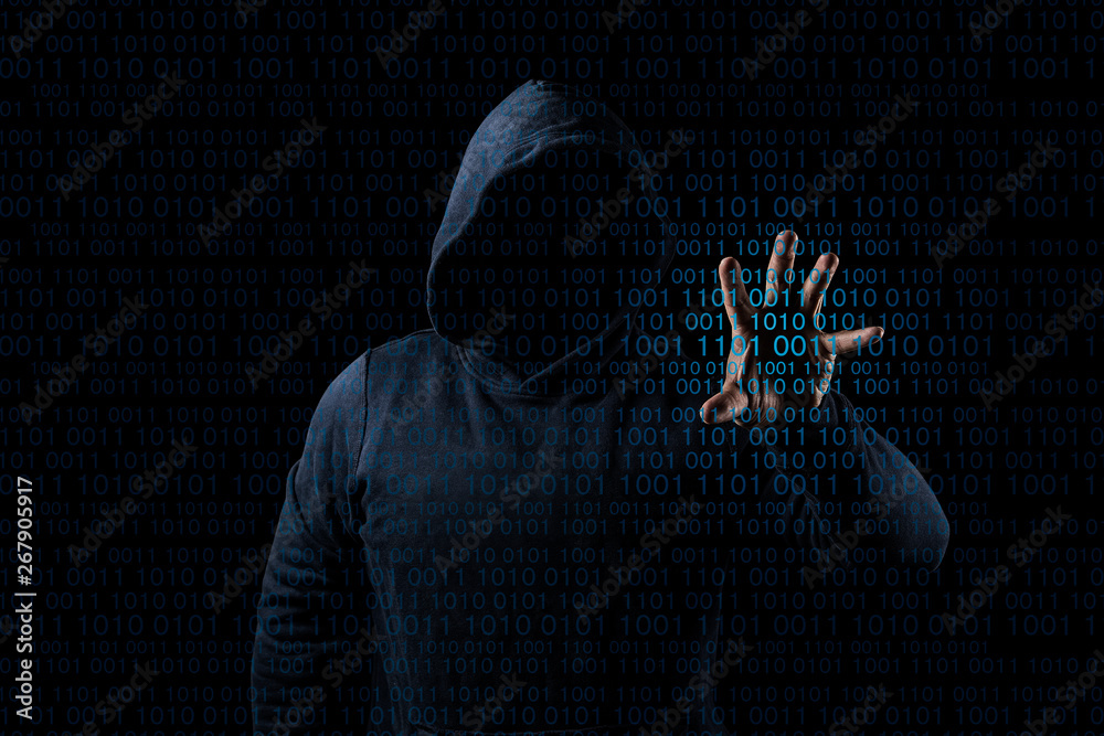 Poster anonymous computer hacker over abstract digital background. obscured dark face in mask and hood. dat