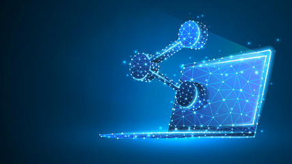 Share symbol on laptop screen. Business connect, media, people communication concept. Abstract, digital, wireframe, low poly mesh, polygonal Raster blue neon 3d illustration. Triangle, line, dot