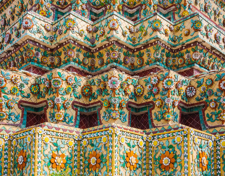 Wat Pho Colourful tiles floral pattern Mosaic on Pagoda Temple Landmark Architecture Bangkok Thailand