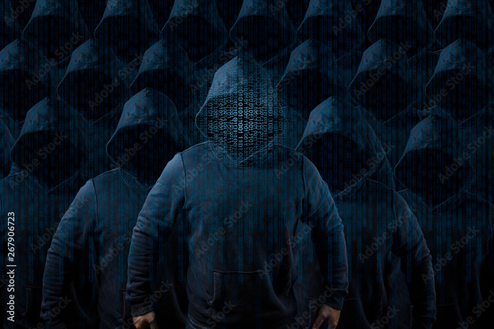 Fototapete anonymous computer hacker over abstract digital background. obscured dark face in mask and hood. dat