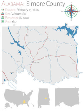 Large and detailed map of Elmore county in Alabama, USA