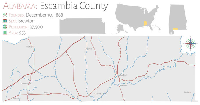 Large and detailed map of Escambia county in Alabama, USA