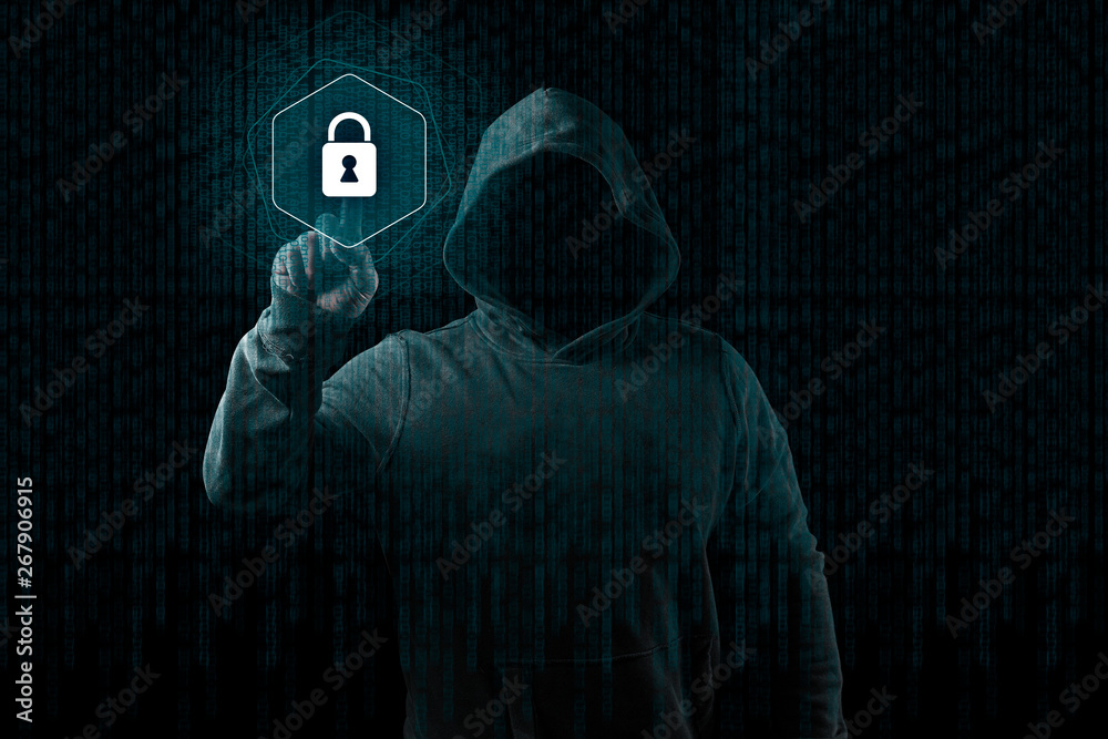 Poster anonymous computer hacker over abstract digital background. obscured dark face in mask and hood. dat