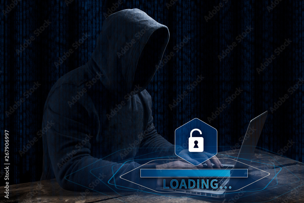 Poster anonymous computer hacker over abstract digital background. obscured dark face in mask and hood. dat