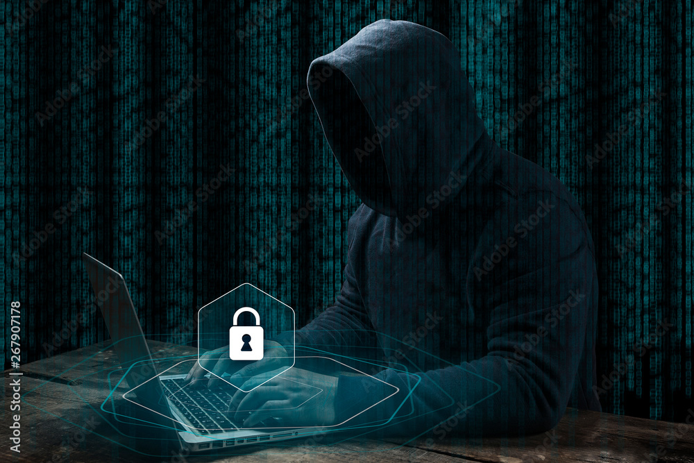 Aufkleber anonymous computer hacker over abstract digital background. obscured dark face in mask and hood. dat