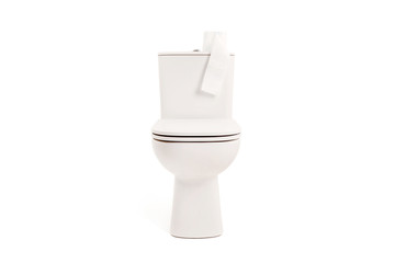 White toilet bowl with toilet paper, isolated on white.