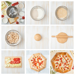 Collage, step by step recipe. Galette with vegetable.