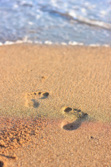 Footprints in the sand towards the sea