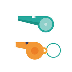 Referee sport whistles for sports, activities and competitions. Colored icons in flat design isolated on white background. Police, judge or trainer sound warning signal whistle.