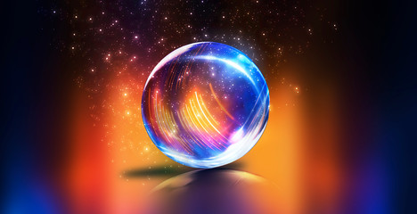 Glass ball, reflection of neon lights, rays, glare. Abstract neon background. The lights of the...