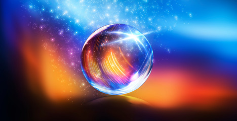 Glass ball, reflection of neon lights, rays, glare. Abstract neon background. The lights of the night city. Magic glass ball, sparkles.