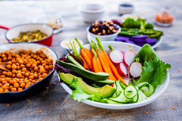 Raw vegetables and ingredients for the Buddha bowl. Healthy and balanced food.