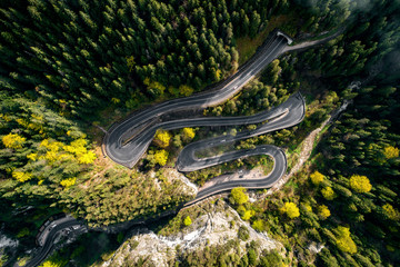 Mountain road aerial view. Bicaz pass through the Romanian Carpathians
