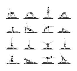 Yoga poses set. vector black and white illustration