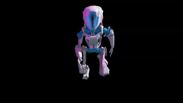 Seamless animation of a robot running isolated with alpha channel. Funny futuristic sci-fi background.