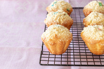 Pumpkin Apple Oats streusel Muffins on cooling rack. Selective focus. Copy space.