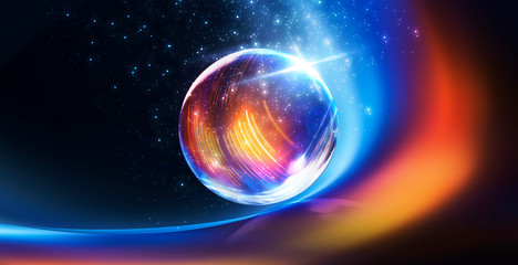 Glass ball, reflection of neon lights, rays, glare. Abstract neon background. The lights of the night city. Magic glass ball, sparkles. - Powered by Adobe