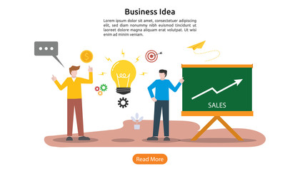 teamwork business brainstorming Idea concept with big yellow light bulb lamp, small people character. creative innovation solution. template for web landing page, banner, presentation, social media.