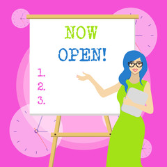 Conceptual hand writing showing Now Open. Concept meaning leave door or windows not closed or barred at this current time