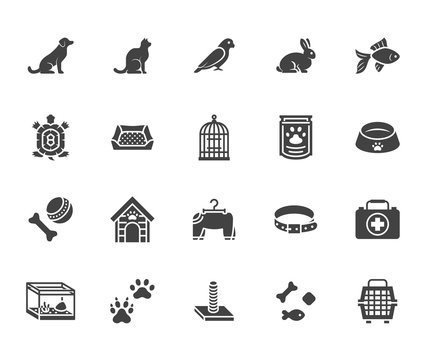 Pet Shop Flat Glyph Icons Set. Dog Carrier, Cat Scratcher, Bird Cage, Rabbit, Fish Aquarium, Pets Paw, Collar Vector Illustrations. Signs For Veterinary. Solid Silhouette Pixel Perfect 64x64