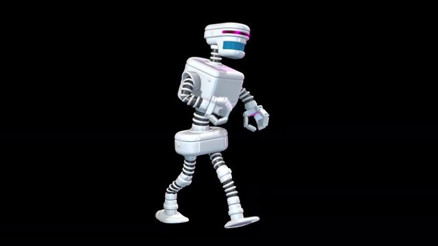 Seamless animation of a retro robot walking isolated with alpha channel. Funny futuristic sci-fi background.