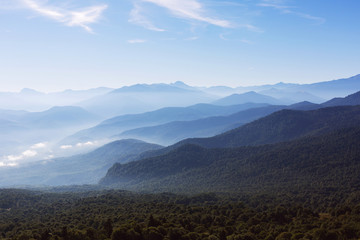 Observation deck at the top of the mountain overlooking the valley and the mountain range. Plateau Lago-Naki, Adygea, Russia